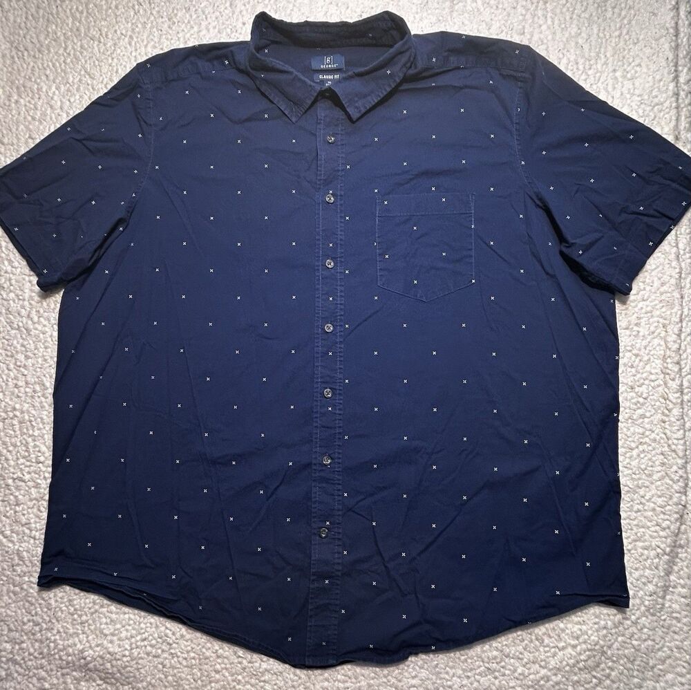 George Men Shirt Size 3XL Navy Blue Micro Print Short Sleeve Button Down